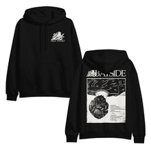 Load image into Gallery viewer, Bayside black pullover hoodie featuring a white rose and &quot;BAYSIDE&quot; on the front left chest. The back displays a large album cover illustration with a bowed head, tracklist below, and &quot;BAYSIDE&quot; boldly at the top.