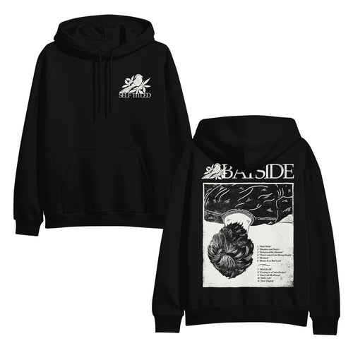 Bayside black pullover hoodie featuring a white rose and 