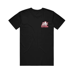Bayside black Gildan short-sleeve t-shirt with a small white and red logo of a dove holding an olive branch on the left chest; the rest of the shirt is plain for a classic style.