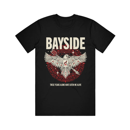 Bayside black T-shirt displays BAYSIDE in bold above an illustrated crow with open wings, a red heart, and a red circle; text below reads These years alone have eaten me alive.