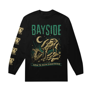 A black Bayside Gildan Hammer long sleeve shirt featuring green and tan cow skeleton, rocks, crescent moon artwork, “BAYSIDE” and “HOW TO RUIN EVERYTHING” text on front, plus repeating “BAYSIDE” logos down the left sleeve.
