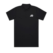 Load image into Gallery viewer, image of a black polo shirt on a white background. front of the polo has a small white embroidered bird on the right chest 