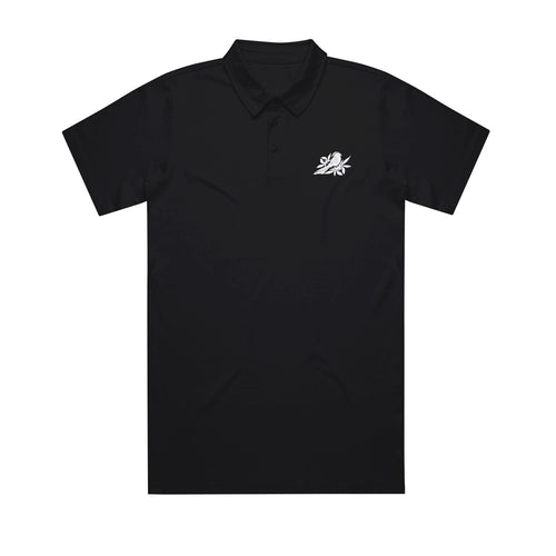 image of a black polo shirt on a white background. front of the polo has a small white embroidered bird on the right chest 