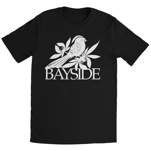 image of a black tee shirt on a white background. the front of the tee has a full chest print in white of a bird and leaves and says bayside below it.