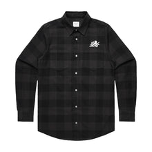 Load image into Gallery viewer, image of a dark grey and black checkered flannel shirt on a white background. small white embroidery on the right chest area of a bird