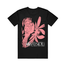Load image into Gallery viewer, image of a black tee shirt on a white background. front of the tee has full body print of a pink bird. across the bottom in white says bayside