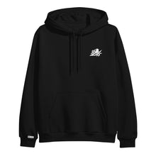Load image into Gallery viewer, image of a black pullover hoodie on a white background. small white embroidered bird on the right chest and a small sewn on patch that says bayside on the left sleeve