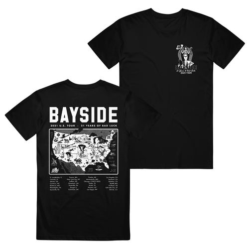 image of the front and back of a black tee shirt on a white background. the back of the tee is on the left and has a full back print on white that says bayside on the top, a map of the USA in the middle and tour dates below. the front of the t is on the right has a small chest print on the right of a woman holding a flag and says bayside all in white print.