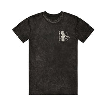 Load image into Gallery viewer, image of the front of a black mineral wash tee shirt on a white background. tee has a small chest print in white of a skull head and a bird. 
