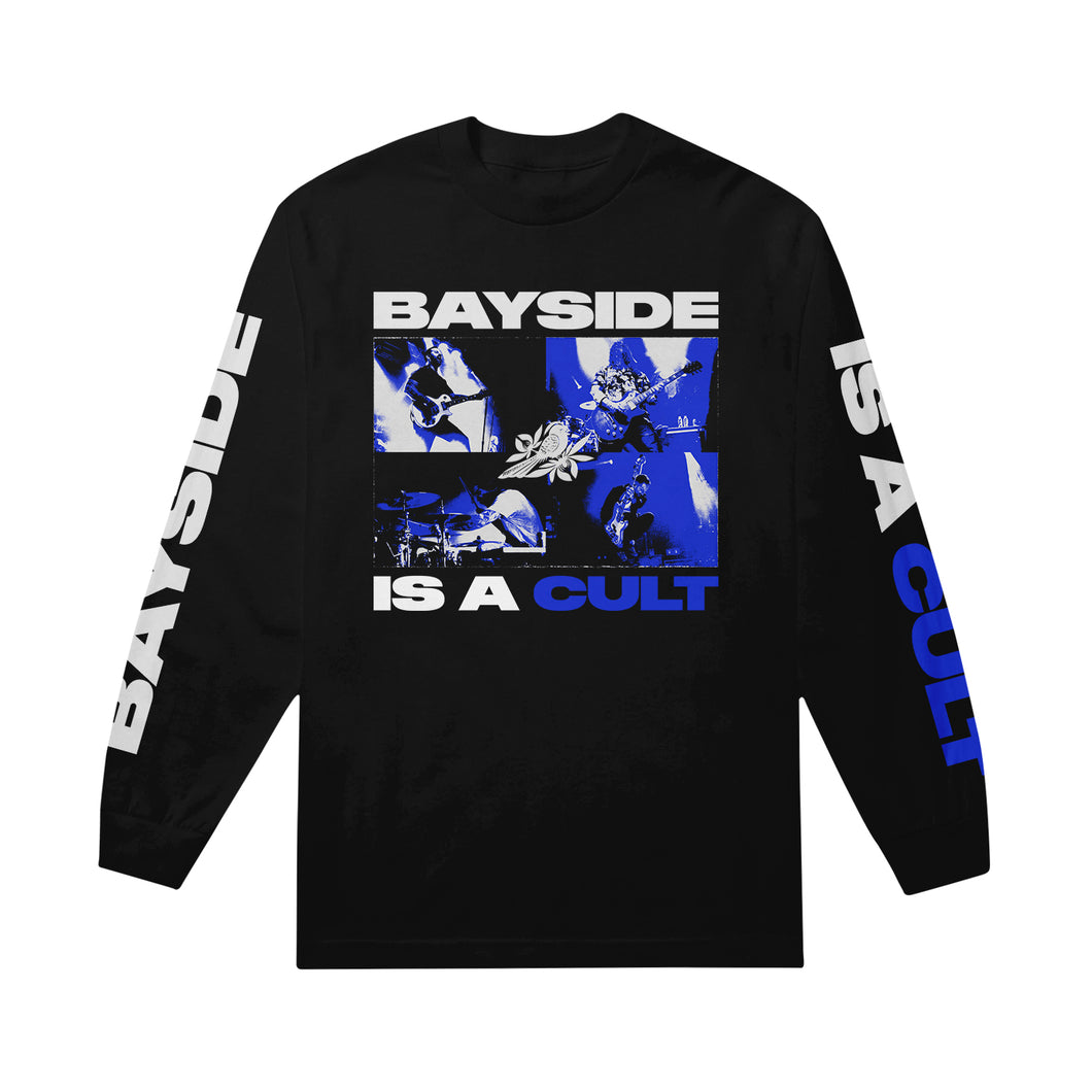image of a black long sleeve tee shirt on a white background. tee has full center chest print in blue and white of a collage of four images of the band playing on stage. above the image says bayside, and below says is a cult. the left sleeve says bayside, and the right sleeve says is a cult
