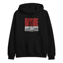 Load image into Gallery viewer, image of the front of a black pullover hoodie on a white background. hoodie  has a red print that says bayside. below is a black and white rectangle image of a bird on water.
