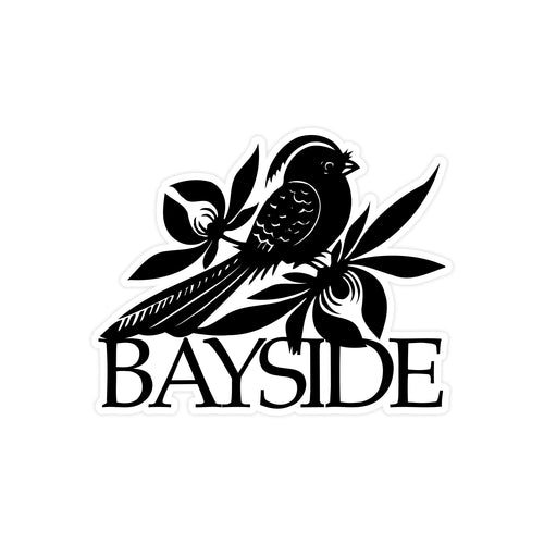 image of a sticker that is a bird and says bayside. on a white background.