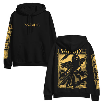 image of the front and back of a black pullover hoodie on a white background. front of hoodie is on the left and says bayside across the chest and has a left sleeve print. back of the hoodie is on the right and has a full back print of a cartoon bird