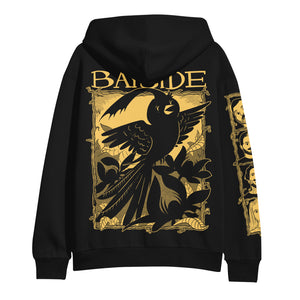 image of the back of a black pullover hoodie on a white background. back of hoodie has a full back print of a cartoon bird