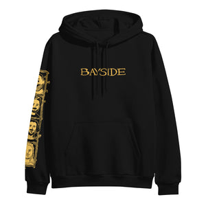 image of the front of a black pullover hoodie on a white background. front of hoodie says bayside across the chest and has a left sleeve print. 