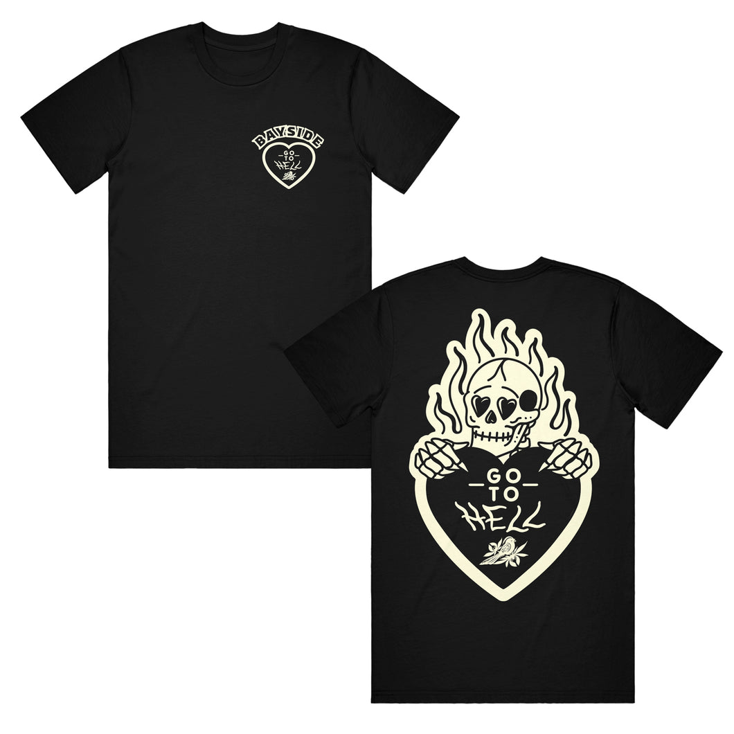 image of the front and back of a black tee shirt on a white background. front of tee is on the left and has a small right chest print of a heart and says bayside at the top. back of the tee is on the right and has a burning skeleton holding a heart that says go to hell