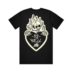 image of the back of a black tee shirt on a white background. tee has a burning skeleton holding a heart that says go to hell