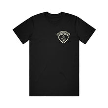 Load image into Gallery viewer, image of the front of a black tee shirt on a white background. tee has a small right chest print of a heart and says bayside at the top