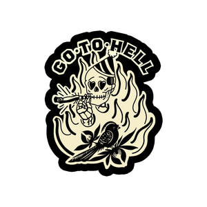 image of a sticker that says go to hell and has a skeleton smoking a joint and the bird on it.