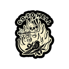 Load image into Gallery viewer, image of a sticker that says go to hell and has a skeleton smoking a joint and the bird on it. on a white background