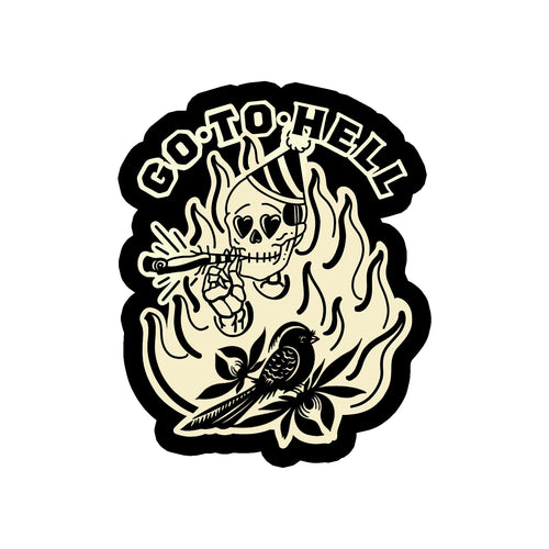 image of a sticker that says go to hell and has a skeleton smoking a joint and the bird on it. on a white background