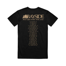 Load image into Gallery viewer, image of the back of a black tee shirt on a white background. tee has the dates and locations of their 2023 tour