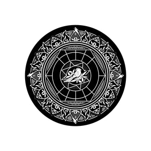 image of a sticker that is a circle with a mandella and a bird design