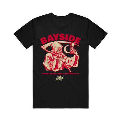 image of a black tee shirt on a white background. tee has center chest print of a grim reaper holding an hourglass. at the top says bayside. 