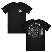 Load image into Gallery viewer, image of the front and back of a black tee shirt on a white background. front of tee is on the left and has a small right chest print of a bird. the back of the tee is on the right and has a print of a person looking in a broken mirror of a vanity. arched around says i hate the way you make me feel.