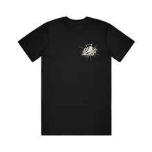Load image into Gallery viewer, image of the front of a black tee shirt on a white background. tee has a small right chest print of a bird.