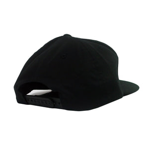 back side of a black snap back hat on a white background