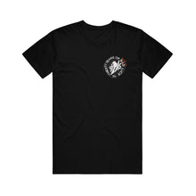 Load image into Gallery viewer, image of a black tee shirt on a white background that has a small right chest print in cream of a circle that says 21 years of bad luck with a bird and leaves inside of the circle. 