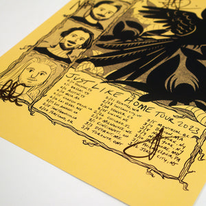 close up, angled image of a poster on a white background. poster is yellow. at the top says bayside. on the left is four stacked images of the band members drawn as cartoons. on the right is a cartoon bird logo and below that are the dates and locations for the just like home 2023 tour. Poster is signed by the band members