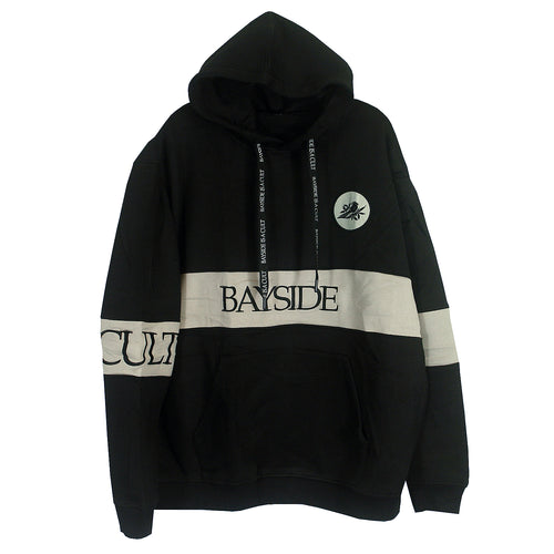 image of a black pullover hoodie on a white background. front of hoodie has small circle patch of a bird on the right. across the left sleeve is embroidered text that says CULT. Across the stomach, above the pouch pocket is embroidery that says BAYSIDE