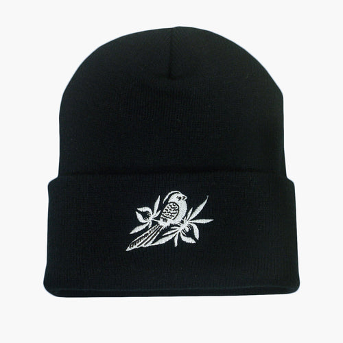 image of a black winter beanie on a white background. front cuff has a white embroidered logo of a bird