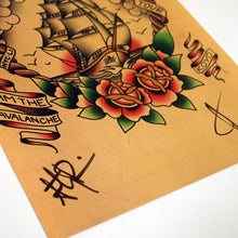 Load image into Gallery viewer, close up, angled image of a tour poster. poster is tan and at the top says bayside with their bird logo. in the center is flash art ship, with roses. at the top says just like home, 2023 tour. The poster is signed by band members