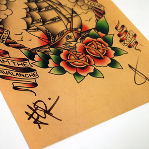close up, angled image of a tour poster. poster is tan and at the top says bayside with their bird logo. in the center is flash art ship, with roses. at the top says just like home, 2023 tour. The poster is signed by band members