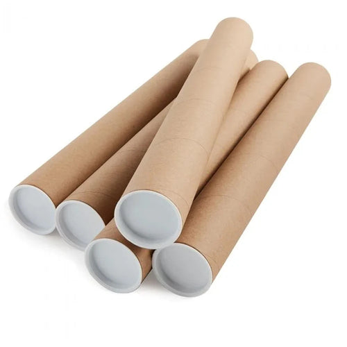 stack of poster tubes on a white background