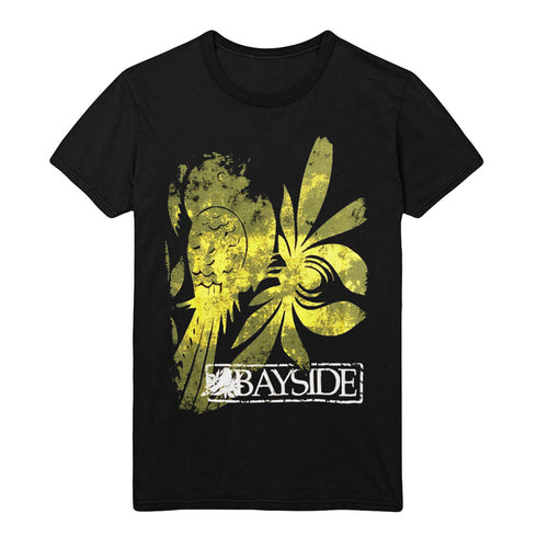 image of a black tee shirt on a white background. full chest print of a distressed yellow bird covers the front and in white on the bottom inside of a rectangle says bayside with their bird logo.