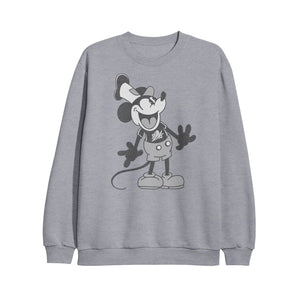 image of a heather grey crewneck. front of crewneck has the steamboat willy mickey mouse. on the front of the mickey mouse's shirt is a bayside bird logo