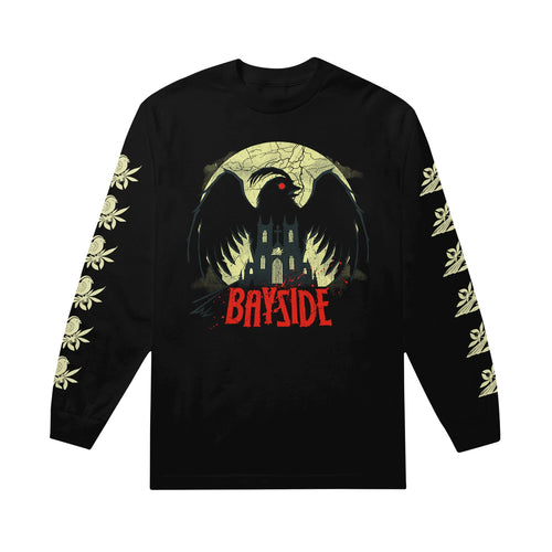 image of a black long sleeve tee on a white background. tee has center chest print of a bitd in front of a church, at the bottom says bayside. each sleeve has repeated birds
