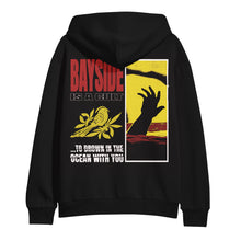Load image into Gallery viewer, image of the back of a black pullover hoodie on a white background. hoodie has a full print of a hand coming out of water, bayside, a bird and the words to drown in the ocean with you.
