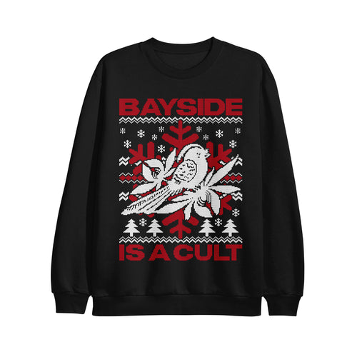 image of black crewneck sweatshirt on a white background. full chest print in red and white print. at the top says bayside and at the bottom says is a cult in red. there is a red snowflake in the center with white snowflakes and trees around a giant white bird in the center 