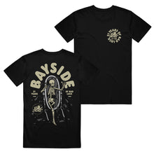 Load image into Gallery viewer, front and back image of a black t shirt on a white background. back of t shirt is on the left and has a full back print with grey skeleton stepping one leg out of a full length mirror. arched above in cream says bayside. on the left says 21 years and the right says of bad luck. there is a small circle and bird on the bottom left of the design. the front of the shirt is on the right has a small chest print in cream on the right brest area that says 21 years of bad luck in a circle around a bird on leaves