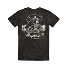 Load image into Gallery viewer, image of the back of a black mineral wash tee shirt on a white background. tee has a back print in white of a skeleton opening up a coffin. below that says bayside bury me